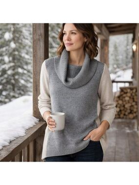 BCBG Max Azria Merino Wool Cowl Neck Sweater | Colorblock Gray & Oatmeal | Size